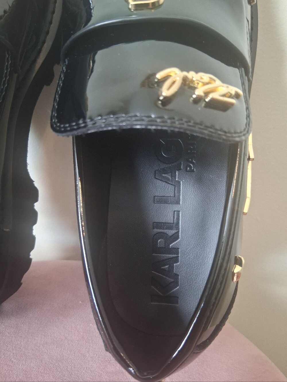 KARL LAGERFELD PARIS Gaston Rocker Almond Toe Patent Leather Lug Loafers Size 8 - Picture 9 of 11